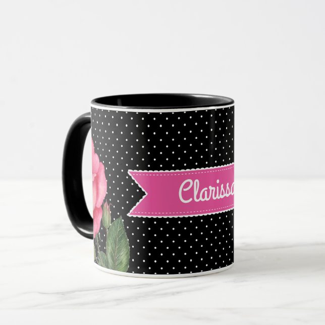 Aquarellrosa Rosen auf Schwarz-weißen Polka-Punkte Tasse (Vorderseite Links)