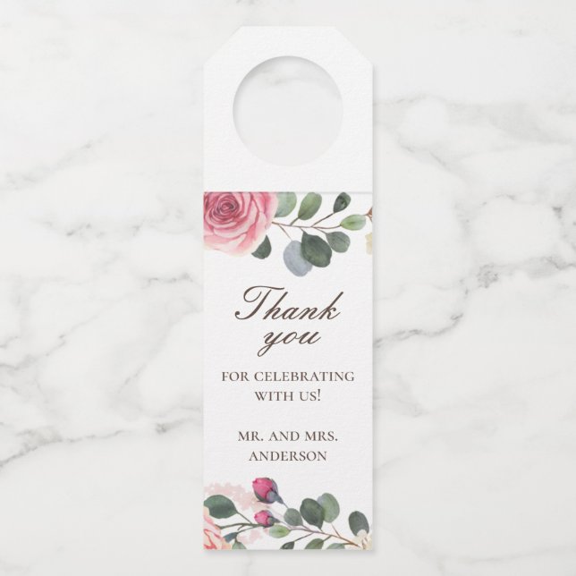 Aquarellrosa Rosen. Blumenhochzeit vielen Dank Flaschenanhänger (Vorderseite)