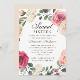 Aquarellrosa Rosen Sweet 16. Blumengarten Einladung