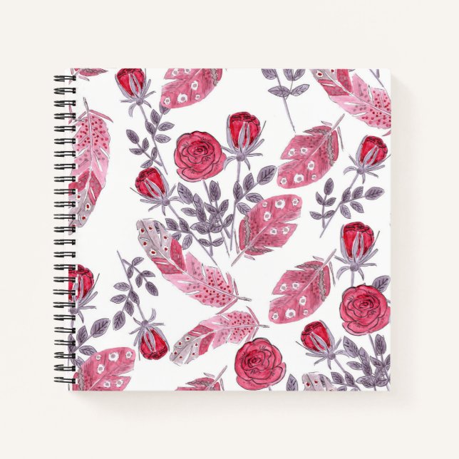 Aquarellrosa Rosenfedern weiß Notizbuch (Vorderseite)