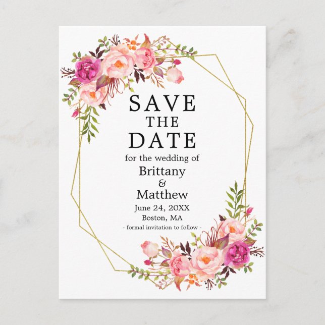 Aquarellrosa Rosenrahmen Save the Date Postkarte (Vorderseite)