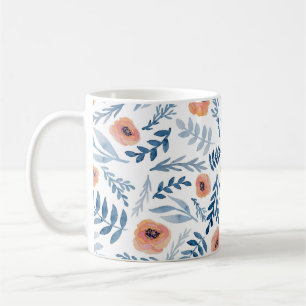 Aquarellrosen: Blaue Blätter Nahtlos Kaffeetasse