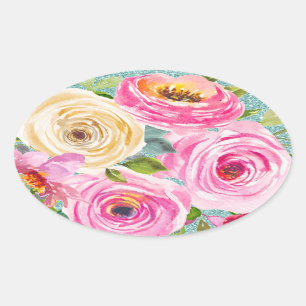 Aquarellrosen in Pink und Creme mit Aquaglimmer Ovaler Aufkleber