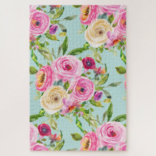 Aquarellrosen in Rosa und Creme auf Aqua Puzzle