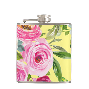 Aquarellrosen in Rosa und Creme auf Gelb Flachmann