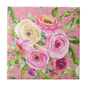 Aquarellrosen in Rosa und Creme auf rosa Glitter Fliese