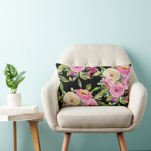 Aquarellrosen in Rosa und Creme auf Schwarz Lendenkissen