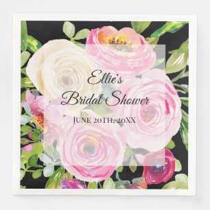 Aquarellrosen in Rosa und Creme auf Schwarz Serviette