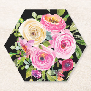 Aquarellrosen in Rosa und Creme auf Schwarz Untersetzer