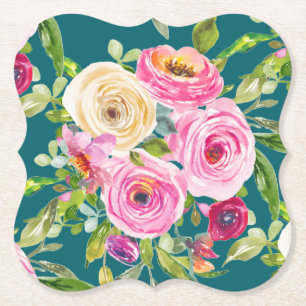Aquarellrosen in Rosa und Creme auf Türkis Untersetzer