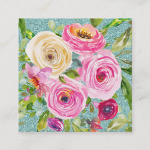 Aquarellrosen in Rosa und Creme mit Aquaglimmer Quadratische Visitenkarte