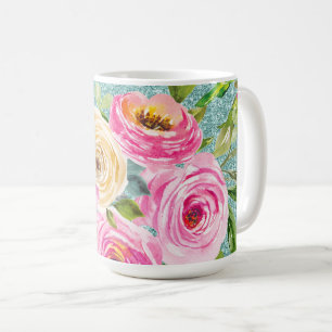 Aquarellrosen in Rosa und Creme mit Aquaglitzer Kaffeetasse