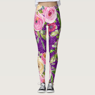 Aquarellrosen in Rosa und Creme mit violettem Glit Leggings
