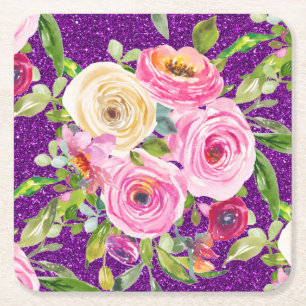 Aquarellrosen in Rosa und Creme mit violettem Glit Rechteckiger Pappuntersetzer