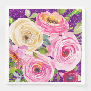 Aquarellrosen in Rosa und Creme mit violettem Glit Serviette