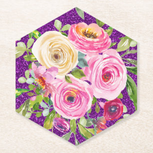Aquarellrosen in Rosa und Creme mit violettem Glit Untersetzer