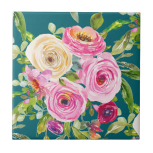 Aquarellrosen in Rosa und Rot auf Türkis Fliese