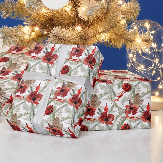 Aquarellrot Blume Grünes Weihnachtsmuster Geschenkpapier (Feiertage)