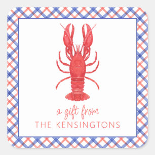 Aquarellrot & Karierter Hummergeschenk Quadratischer Aufkleber