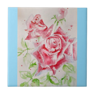 Aquarellrote Rose Rosen Pink Floral Babyblau Fliese