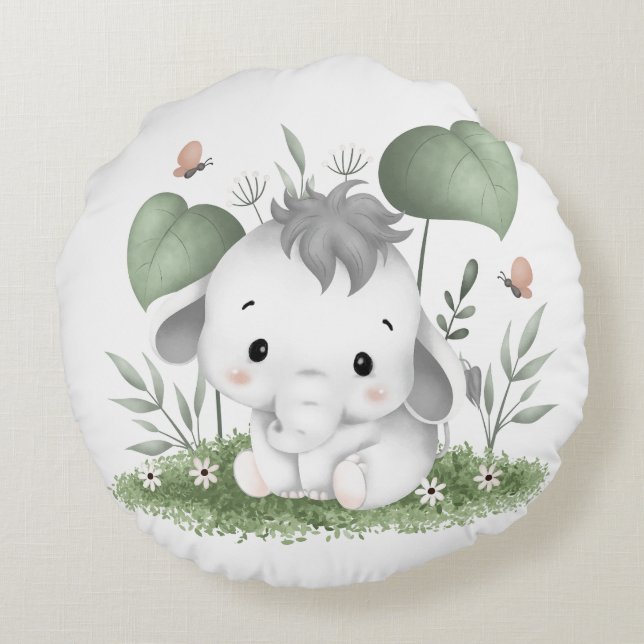 Aquarellsafari Elefant im Babydesign Rundes Kissen (Rückseite)