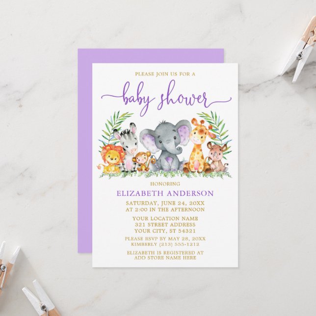 Aquarellsafari Tiere Lila Dusche Gold Einladung (Vorderseite/Rückseite Beispiel)