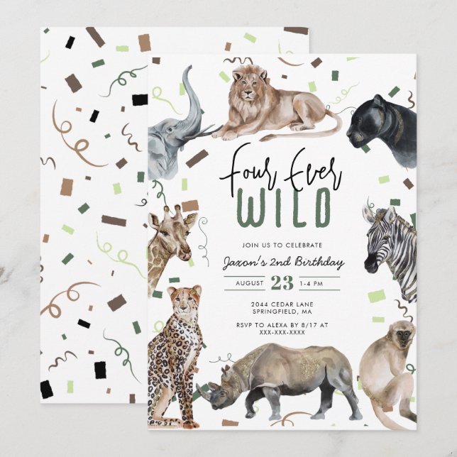 Aquarellsafari Vier Mal Wild Geburtstag Einladung (Vorne/Hinten)