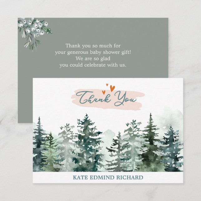 Aquarellsäge Grünwald Pine Babydusche Dankeskarte (Vorne/Hinten)