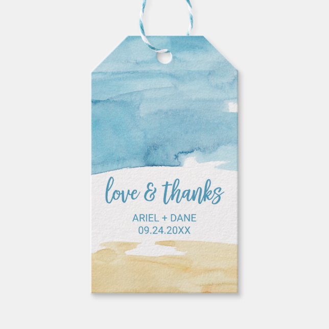 Aquarellsand und Meer "Liebe & Dank" Geschenkanhänger (Vorderseite)