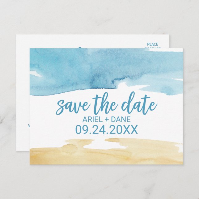 Aquarellsand und Meer Save the Date Ankündigungspostkarte (Vorne/Hinten)