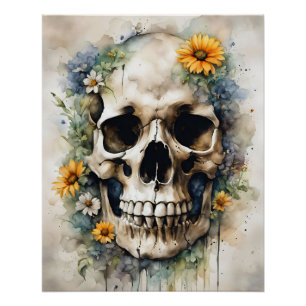 Aquarellschädel mit Wildblumen Poster