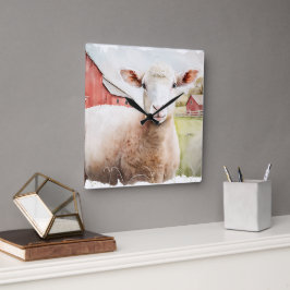 Aquarellschaf mit rotem Stall Quadratische Wanduhr