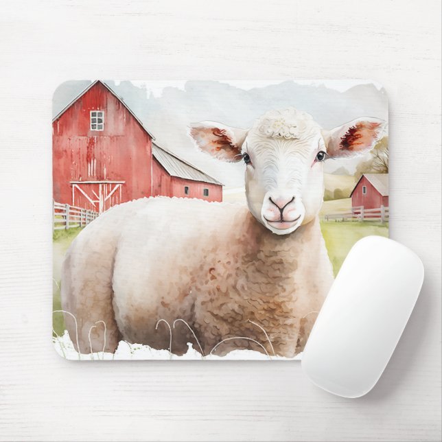 Aquarellschaf und Roter Stall Mousepad (Mit Mouse)