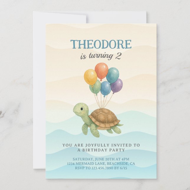 Aquarellschildkröte unter den Balloons zum Geburts Einladung (Vorderseite)