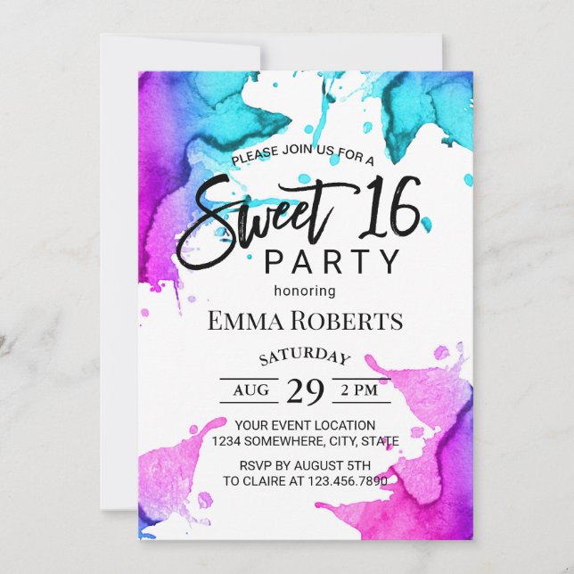 Aquarellschlauch Elegante Typografie Sweet 16 Einladung (Vorderseite)