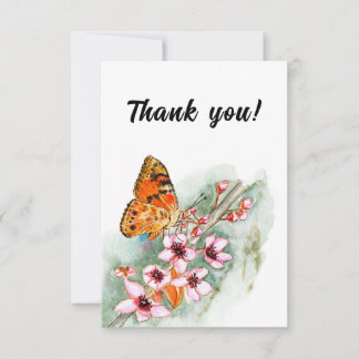 Aquarellschmetterling und rosa Blume. Floral Dankeskarte