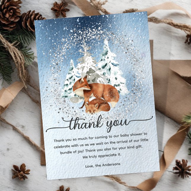 Aquarellschnee Winterpine Trees Baby Mama Fox Dankeskarte (Von Creator hochgeladen)