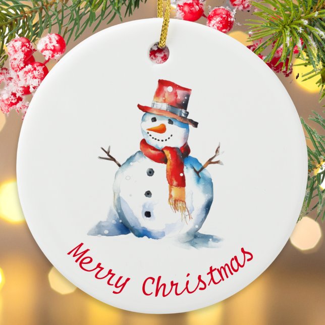 Aquarellschneemann Niedlich Personalisierte Weihna Keramik Ornament (A Christmas ornament with snowman picture in a watercolor style, and custom text on the back)