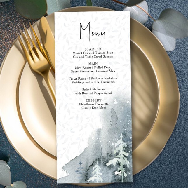 Aquarellschneewald Dusty Blue Winter Wedding m Menükarte (Wedding Menu from the Snow Forest wedding collection by Darling & May)