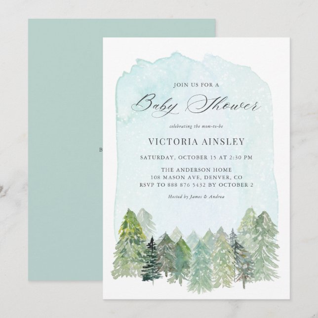 Aquarellschneewald Winterkindusche Einladung (Vorne/Hinten)