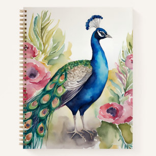 Aquarellschöner Pfau zwischen Blume Notizbuch