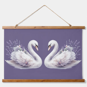 Aquarellschwan mit Lavender Florals Wandteppich Mit Holzrahmen
