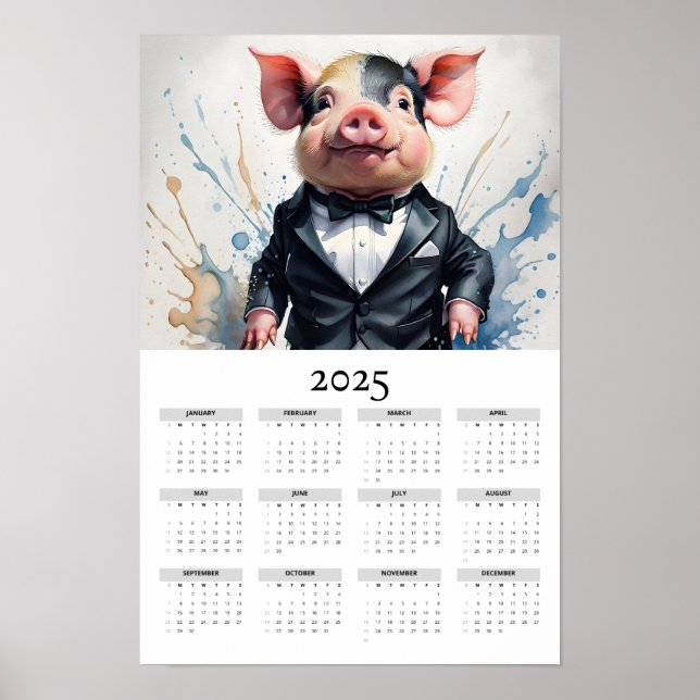 Aquarellschwein mit einem Tuxedo-2025-Wandkalender Poster (Vorne)