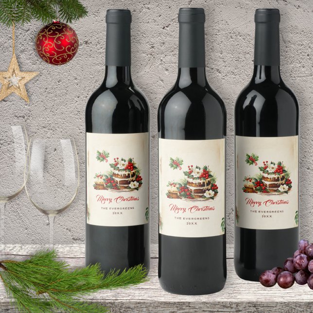 Aquarellskandinavische Blätter Frohe Weihnachten Weinetikett (Von Creator hochgeladen)