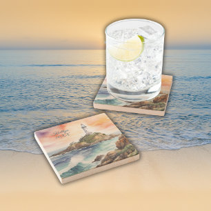 Aquarellsketch Byron Bay Lighthouse Monogram Steinuntersetzer