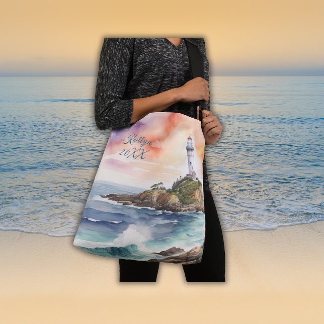 Aquarellsketch Byron Bay Lighthouse Monogram | Tragetaschen Mit Langen Trägern (Von Creator hochgeladen)