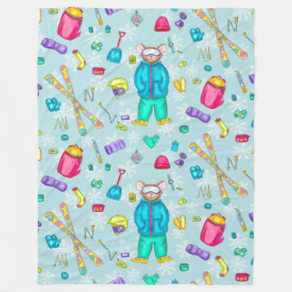 Aquarellski Pika mit Ausrüstung auf blauem Schnee Fleecedecke