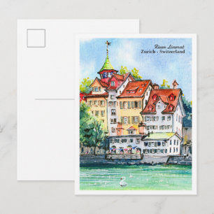Aquarellskizze des Flusses Limmat Zürich Postkarte