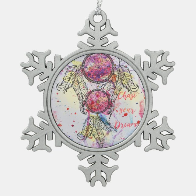 Aquarellskizze Dreamcatcher "Chase your Dreams" Schneeflocken Zinn-Ornament (Vorderseite)