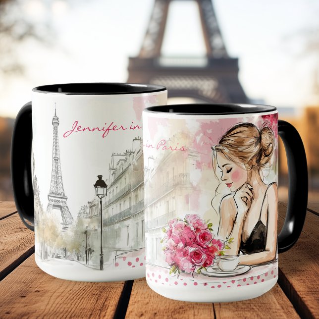 Aquarellskizze Paris Stadt mit Frauenkaffee Tasse (Watercolor Sketch of Paris City with Woman Coffee Mug)